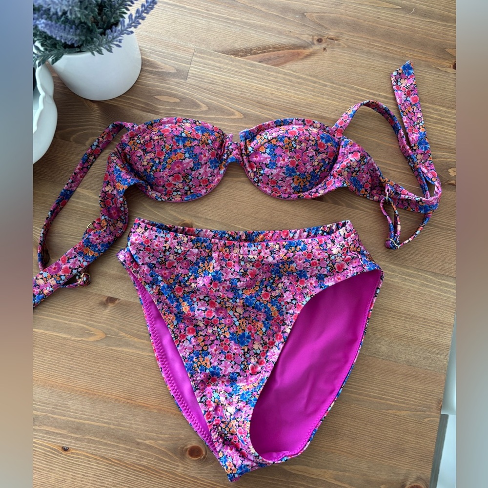 Floral Pink High-Waist Bikini Set